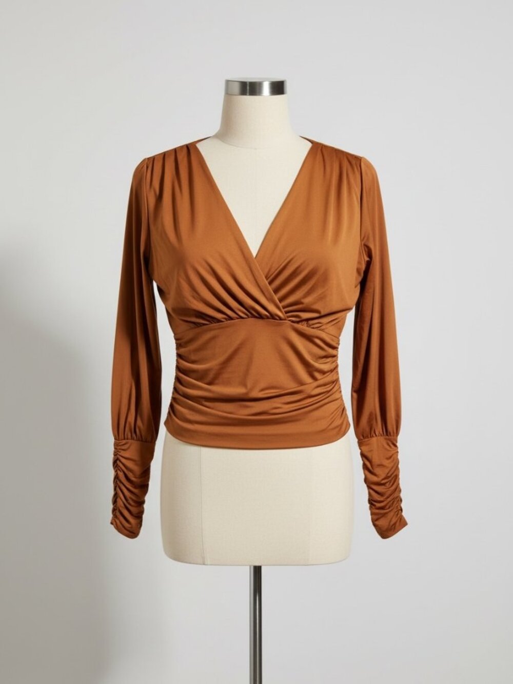 Express Ruched Surplice V-Neck Long-Sleeve Top - Brown - Size S NWT